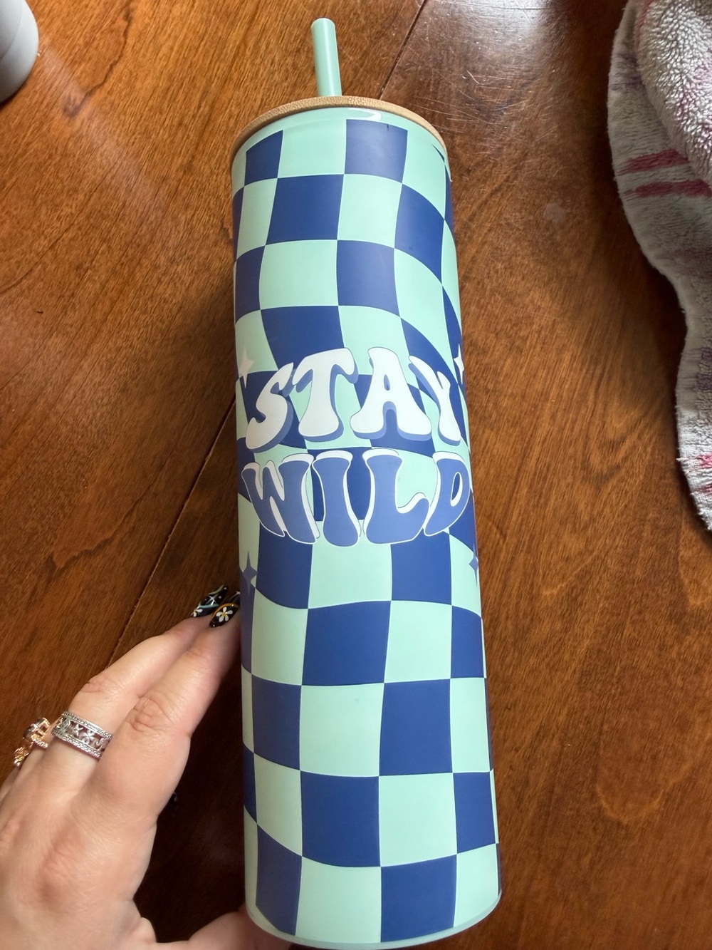 Stay Wild Blue Checker Tumbler - Mint & Navy